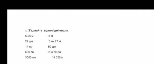 1. З’єднайте відповідні числа. 5027м 3 м 27 дм 5 км 27 м 14 км 60 дм 600 см 2 м 70 см 3000 мм 14 00