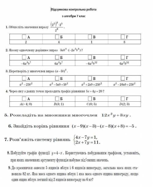 Через яку з данних точок проходить графік рівняння 5х+4у=20 на фото впр №4