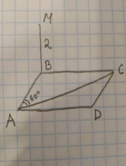 Дано: ABCD — прямоугольник, ZBAC = 60°,MBI (ABCD), MB = 2, расстояние от точки M допрямой AD равно