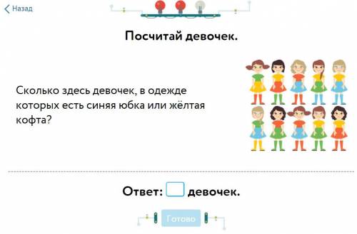 Сколько здесь девочек, в одежде которых есть синяя юбка или жёлтая кофта?