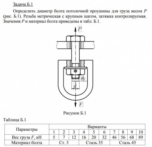 Определить диаметр болта потолочной проушины для груза весом P(рис. Б.1). Резьба метрическая с круп