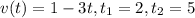 v(t)=1-3t, t_{1}=2, t_{2}=5