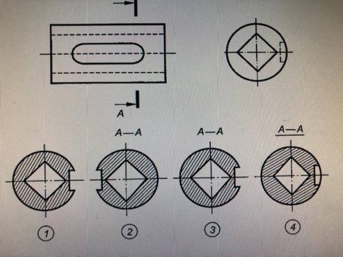 На рисунке даны два вида и детали показаны четыре вынесенных сечения А-А.Определить,какое из четырё