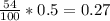 \frac{54}{100} * 0.5 = 0.27