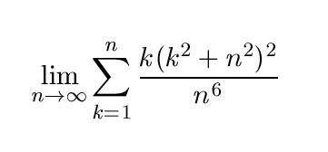 Вычислить предел сумма по k от 1 до n : (к(к^2+n^2)^2)/n^6