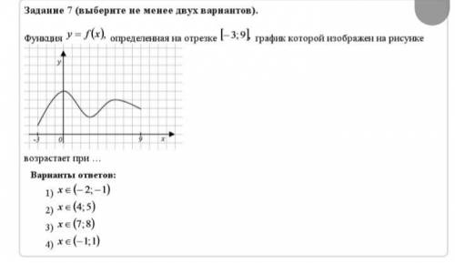 Функция y=f(x), определённая на отрезке [-3;9], график которой изображен на рисунке возрастает при.