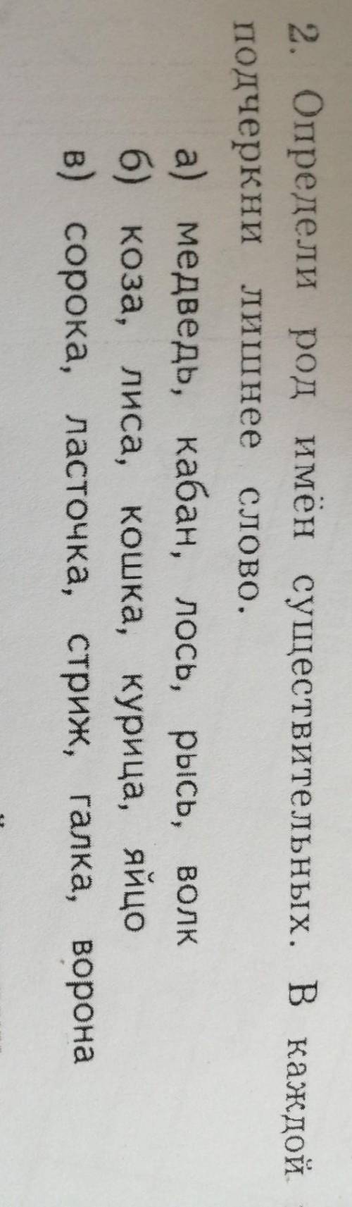 Определи род имен существительных в каждой группе подчеркни лишнее слово А) медведь кабан лось рысь