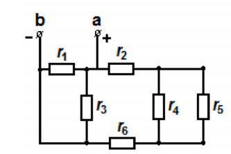 Дано: r1 = 50 Ом r2 = 20 Ом r3 = 30 Ом r4 = 40 Ом r5 = 40 Ом r6 = 10 Ом Найти общее сопротивление с