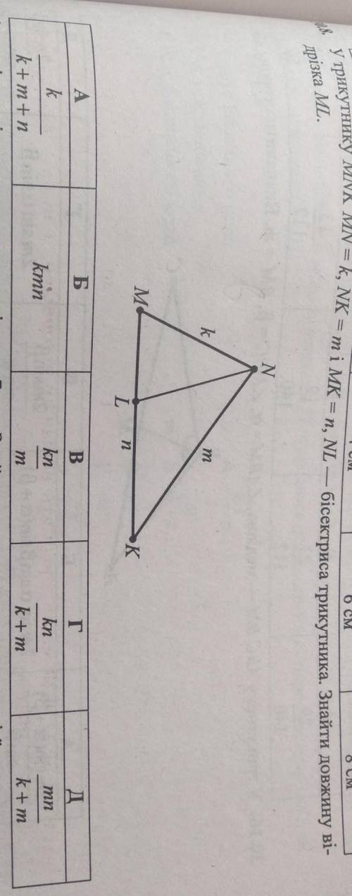 У трикутнику MNK MN=k, NK=m i MK=n, NL - бісектриса трикутника. Знайти довжину відрізка ML.​
