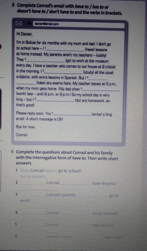 complete Conrad's email with have to/ has to or doesn't have to/ don't have to and the verbs in bra