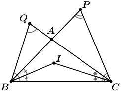 Выберите все верные равенства. BP=CQ BI=IC BI=IP BI=IA BI=IQ ∠BIC=∠BIP ∠BIP=∠CIQ ∠BIQ=∠QIP ∠BIQ=∠PI