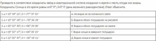 Приведите в соответствие координаты звёзд в экваториальной системе координат и время и место, откуд