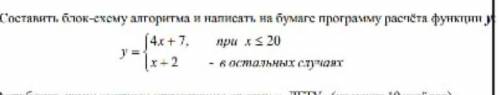 Составить блок-схему алгоритма и написать на бумаге программу расчета функции y=4x+7/x+2 при x≤20​