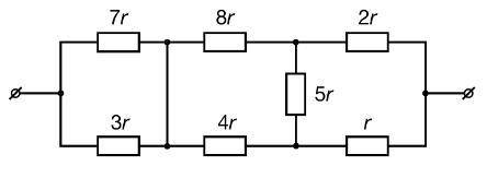 Определите общее сопротивление цепи, схема которой указана на рисунке, если известно, что r=30 Ом.
