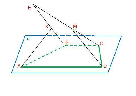 Трапеція АВСD (AD||BC) лежить у площині α. Е∉α. Точка К ділить відрізок ВЕ у відношенні ВК:КЕ=2:3.