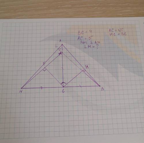 ABC -прямоугольный треугольник. М э AC N принадлежит на продолжении стороны BC CM=BC, CN=AC BM перп