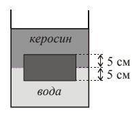 В сосуде, заполненном водой и керосином, плава- ет пластмассовый кубик размером 10х10х10 см. Найдит