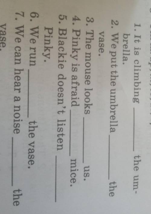 3 Fill in: up, in, to, at, of. 1. It is climbingthe um-brella.2. We put the umbrellathevase.3. The m