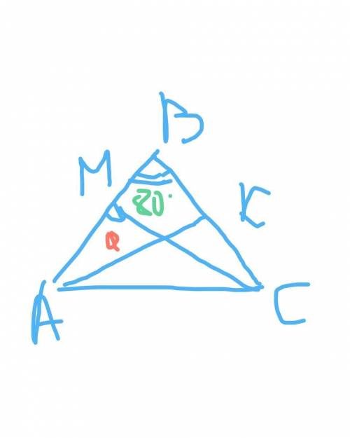 В треугольнике АВС изображенном на рисунке, АВ=ВС, угол В = 80°, отрезки АК и СМ - биссектрисы. Како