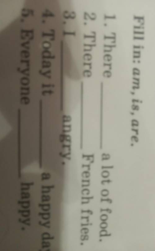 3 Fill in: am, is, are. 1. Therea lot of food.2. ThereFrench fries.3. Iangry.4. Today ita happy day.