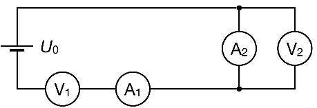В схему включены два микроамперметра и два одинаковых вольтметра. Показания микроамперметров: I1=100