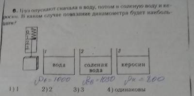 Груз опускают сначала в воду, а потом в соленую воду и керосин. В каком случае показание динамометра