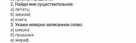 2.Найди имя существительное : а)летат;б)зимний;в)книга.3.Укажи неверно записанное слова :а)шишкаб)пу