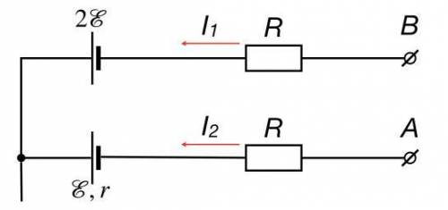 Определите разность потенциалов φA−φB между точками A и B участка электрической цепи. I1=10 мА, I2=2