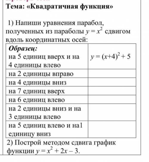 Напиши уравнения парабол, полученных из параболы у = х^2 сдвигом вдоль координатных осей: