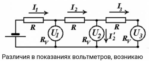 В цепи, изображённой на рисунке, все вольтметры одинаковые. Показания третьего и четвёртого вольтмет