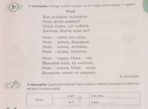 2-тапсырма. Сұрақтарға жауап бере отырып, өлеңнің мазмұны бойынша кестені толтырыңдар.кім?Отан​