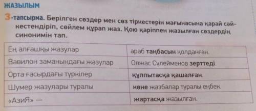 3-тапсырма. Берілген сөздер мен сөз тіркестерін мағынасына қарай сәй- кестендіріп, сөйлем құрап жаз.