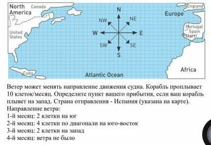 Ветер может менять направление движения судна. Корабль проплывает 10 клеток/месяц. Определите пункт