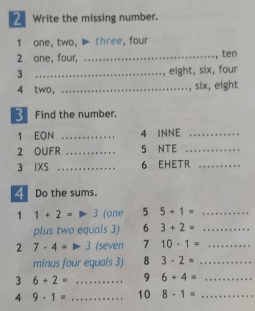 2 Write the missing number. ten1 one, two, three, four2 one, four,3 ...4 two, ...eight, six, foursix