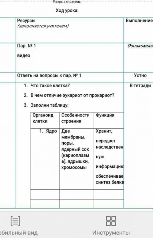 Органоид клетки Особенности строенияФункция1. ЯдроДве мембраны, поры, ядерный сок (кариоплазма), ядр