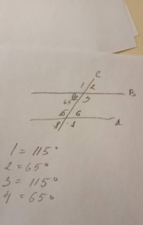 Дано :А параллельно Б и секущей С ,Найти угол 1, угол 2, угол 3 а угол 4 равен 65 градусов ​