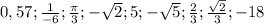 0,57; \frac{1}{-6} ; \frac{\pi }{3} ; -\sqrt{2} ; 5 ; - \sqrt{5} ; \frac{2}{3} ; \frac{\sqrt{2} }{3} ; -18