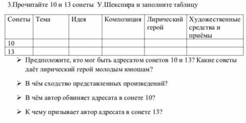 Прочитайте 13 и 10 сонеты Шекспира и заполните таблицу и внизу остальное.