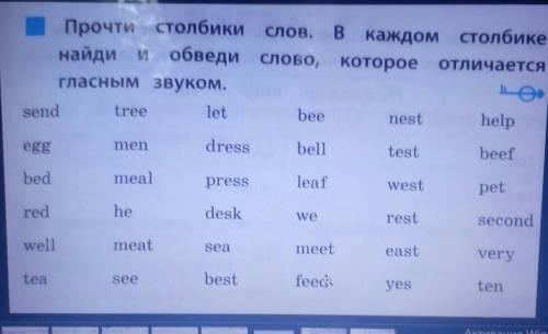 Прочтите столбики слов в каждом столбике Найди и обведи слова которые отличаются гласным звуком ​