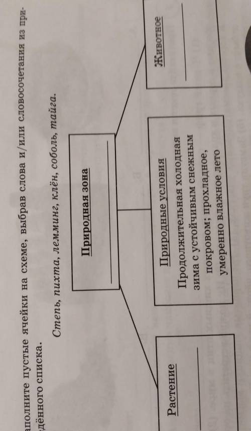 Заполните пустые ячейки на схеме, выбрав слова и/или словосочетания из при- ведённого списка.Степь,