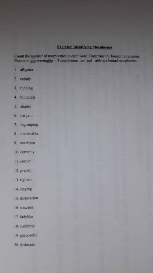 Count the number of morphemes in each word. Underline the bound morphemes. Example: unpresentable -