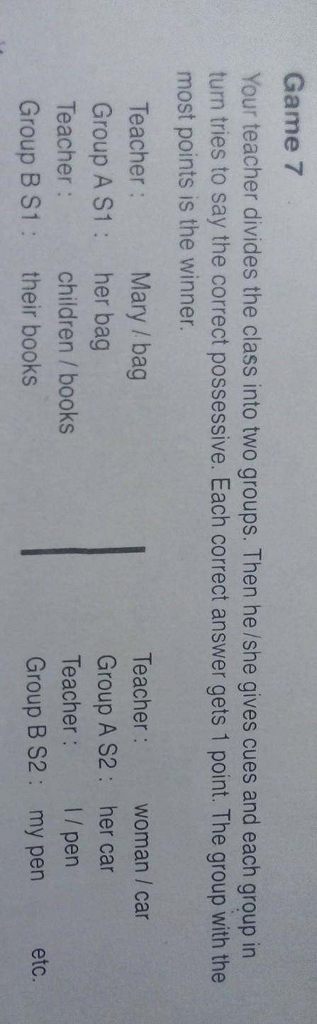 Пожайлуста с решениям этого Game 7Your teacher divides the class into two groups. Then he/she gives