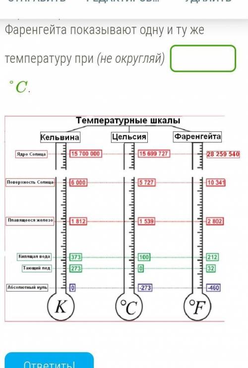 При какой температуре термометры с разными шкалами (Цельсия, Кельвина или Фаренгейта) показывают одн