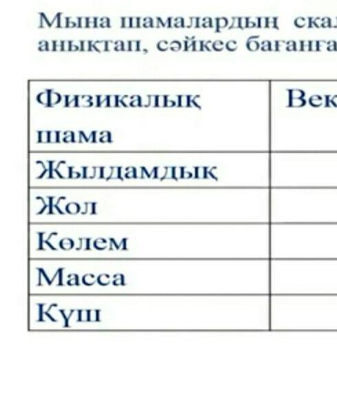 Мына шамалардың скаляр немесе векторлық болатын анықтап кестеге белгілендер​