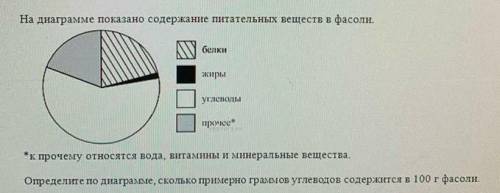 На диаграмме показано содержание питательных веществ в фасоли белкижирыуглеводыпрочее* прочему относ