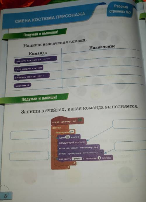 1-Напиши назначение команд 2-Запиши в яичейках,какая команда выполняется