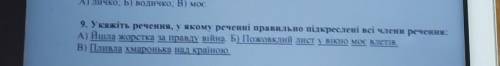 9. Укажіть речення, у якому реченні правильно підкреслені всі члени речення:​