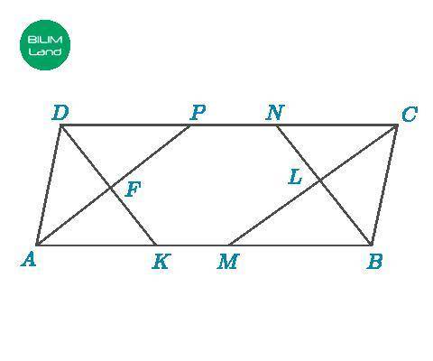 AP, BN, CM, DK – ABCD параллелограмының биссектрисалары. Суретте неше тікбұрышты үшбұрыш бар? жауап