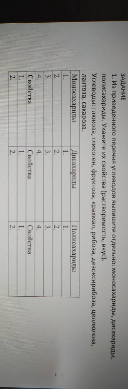 ЗАДАНИЕ 1. Из приведенного перечня углеводов Выпишите отдельно: моносахариды, дисахариды,полисахарид