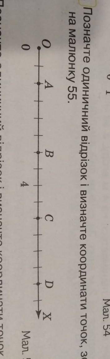 Позначте одиночні відрізків і визначте координати точки, зображеної на молюнку 56​